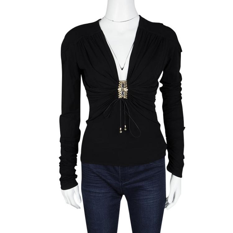 Pre Owned Roberto Cavalli Black Embellished Tie Detail Long Sleeve Ruched Top M