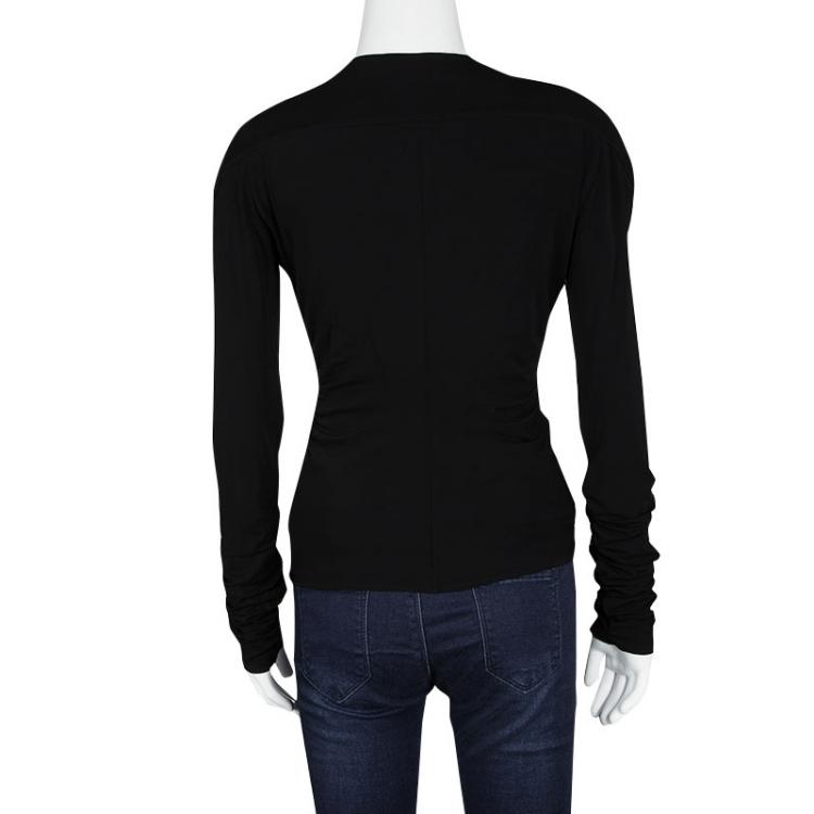 Pre Owned Roberto Cavalli Black Embellished Tie Detail Long Sleeve Ruched Top M