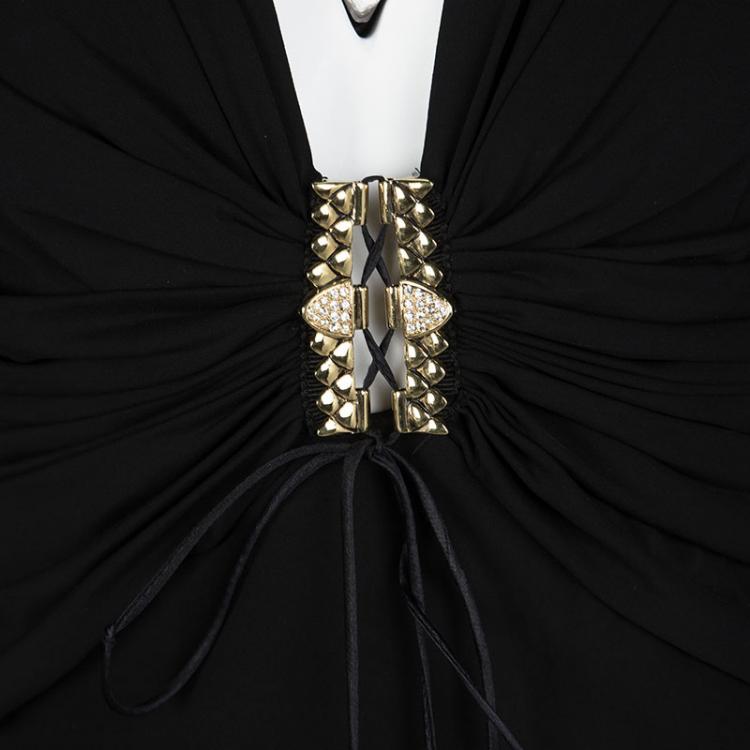 Pre Owned Roberto Cavalli Black Embellished Tie Detail Long Sleeve Ruched Top M