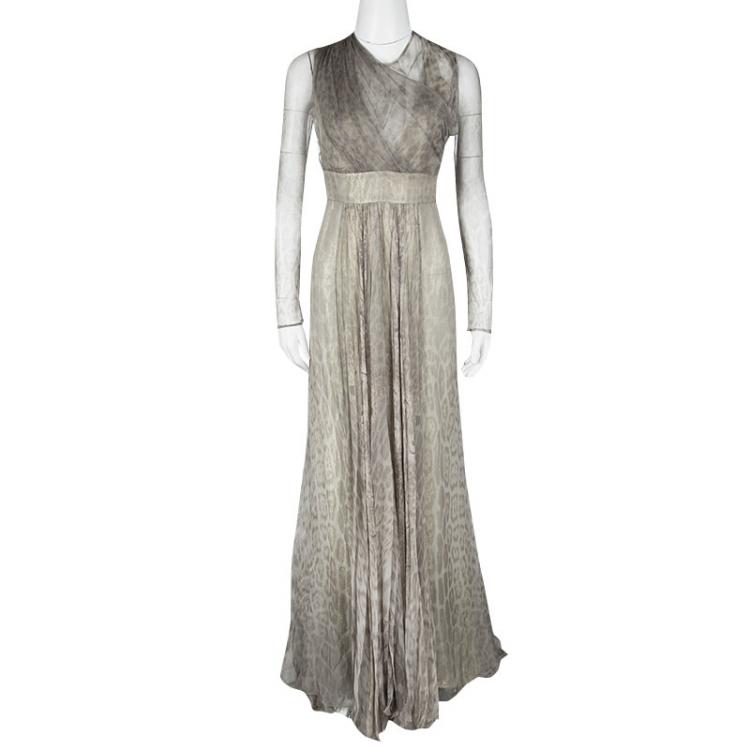 Pre Owned Roberto Cavalli Grey Animal Printed Silk and Tulle Draped Long Sleeve Gown M