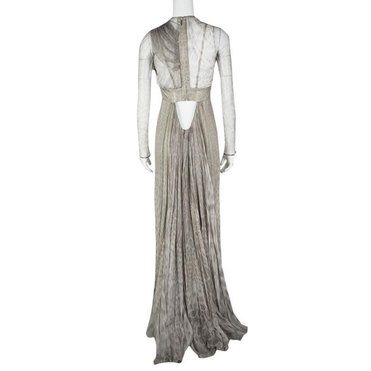 Pre Owned Roberto Cavalli Grey Animal Printed Silk and Tulle Draped Long Sleeve Gown M
