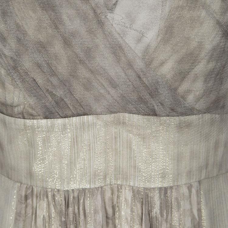 Pre Owned Roberto Cavalli Grey Animal Printed Silk and Tulle Draped Long Sleeve Gown M