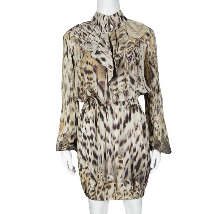 مملوكة مسبقًا Roberto Cavalli Multicolor Animal Print Pleat Detail Long Sleeve Gathered Dress S
