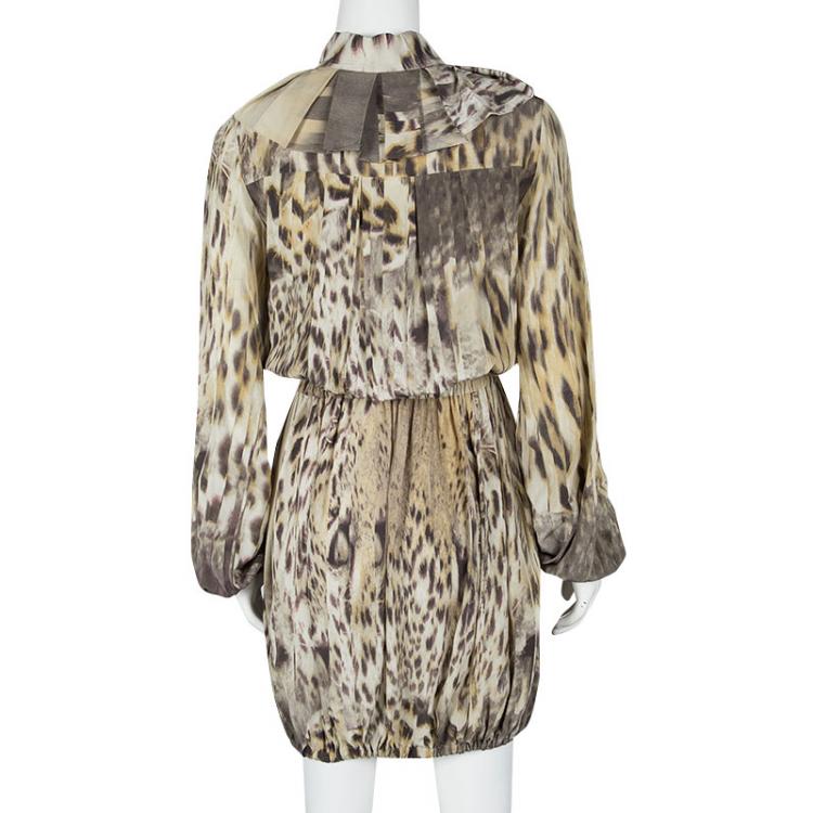 مملوكة مسبقًا Roberto Cavalli Multicolor Animal Print Pleat Detail Long Sleeve Gathered Dress S