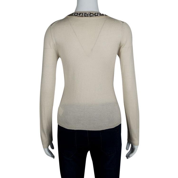 Pre Owned Roberto Cavalli Beige Embellished Silk Cashmere Sweater S