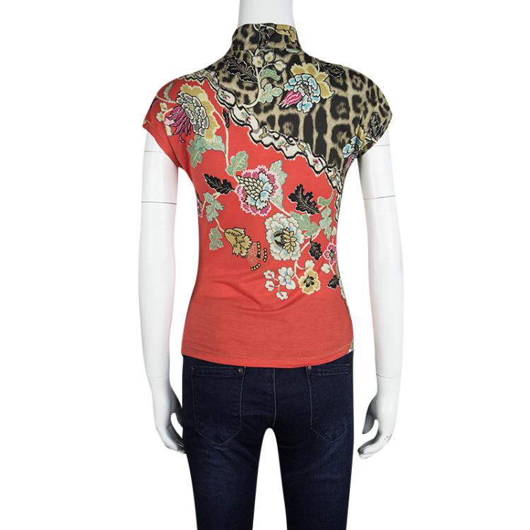 Pre Owned Roberto Cavalli Multicolor Floral and Animal Print Tie Detail Cheongsam Top XS