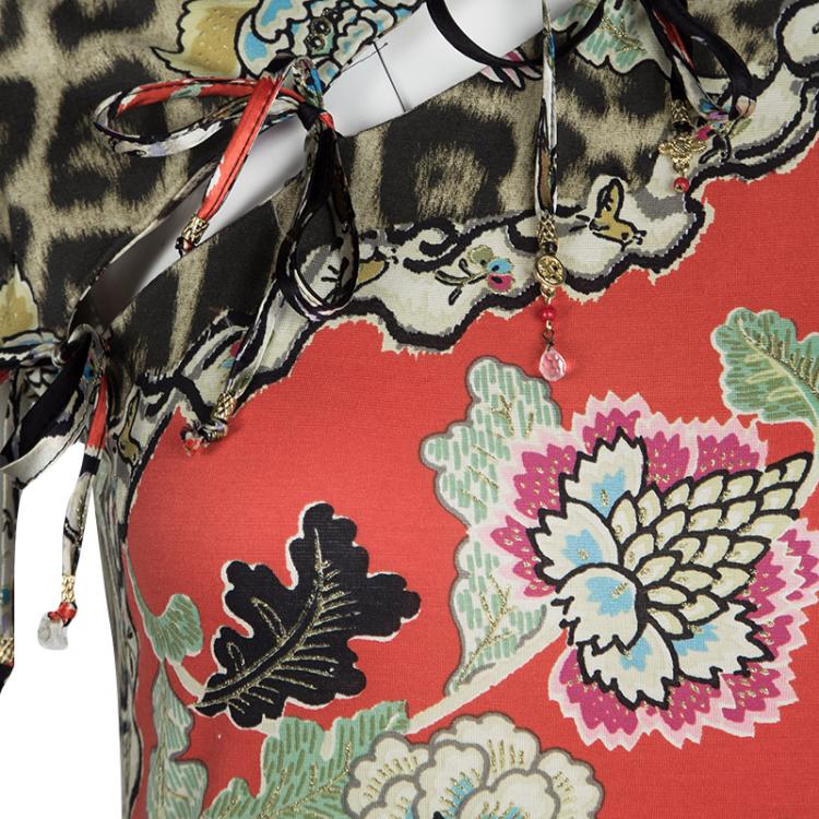 Pre Owned Roberto Cavalli Multicolor Floral and Animal Print Tie Detail Cheongsam Top XS