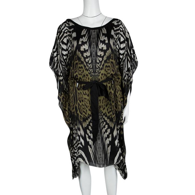Pre Owned Roberto Cavalli Animal Printed Silk Belted Kaftan Tunic M