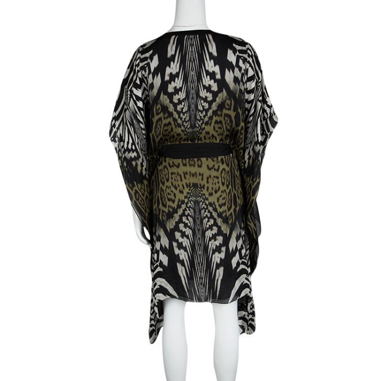 Pre Owned Roberto Cavalli Animal Printed Silk Belted Kaftan Tunic M