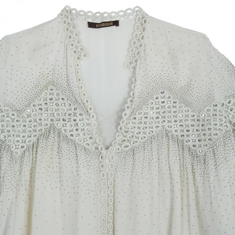 Pre Owned Roberto Cavalli White Embellished Top M
