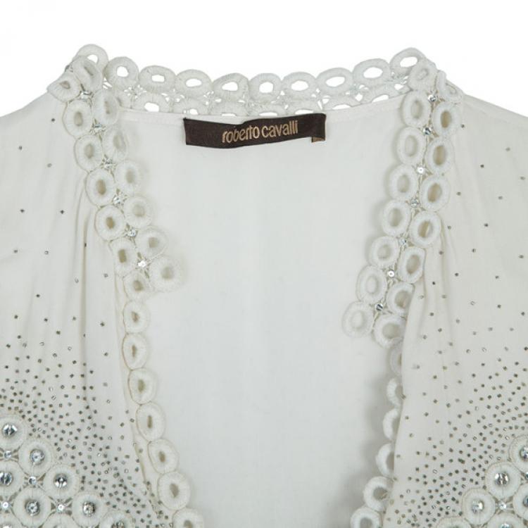 Pre Owned Roberto Cavalli White Embellished Top M