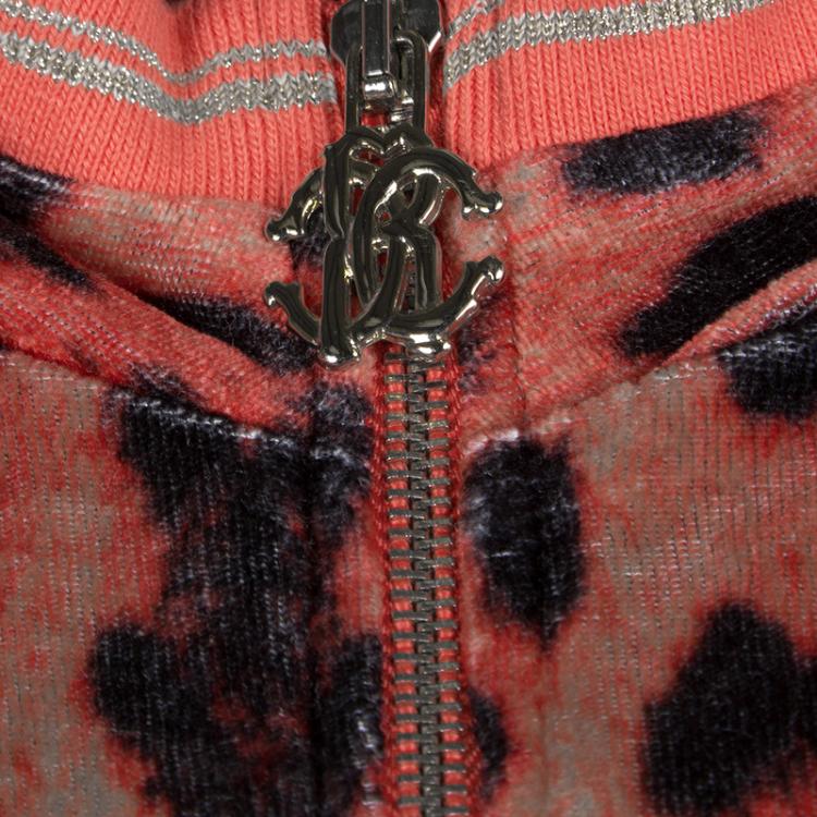 Pre Owned Roberto Cavalli Gym Orange Leopard Print Hooded Zip Front Sweatshirt M
