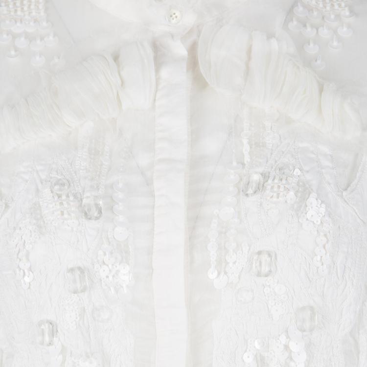 Pre Owned Roberto Cavalli White Embellished Cotton Long Sleeve Blouse L