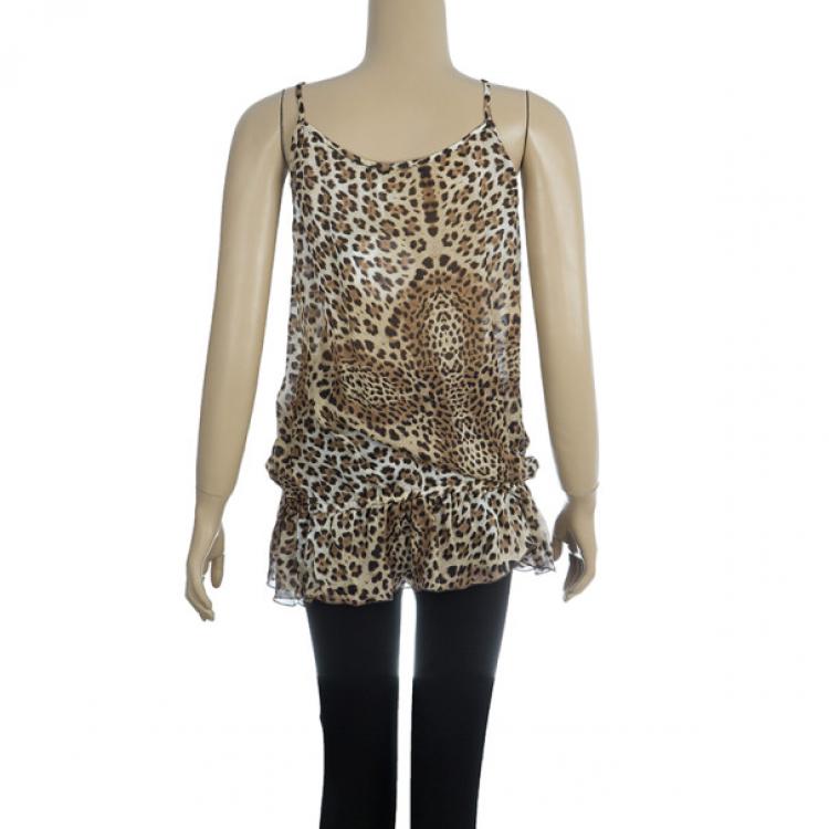 Pre Owned Roberto Cavalli Animal Print Dropwaist Gathered Top M