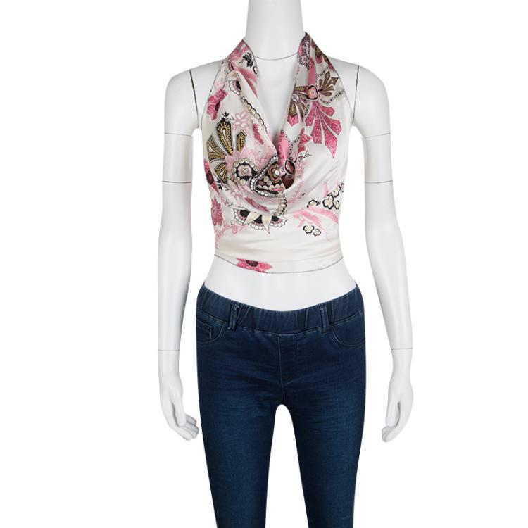 Pre Owned Roberto Cavalli Multicolor Printed Silk Buckle Detail Halter Top M