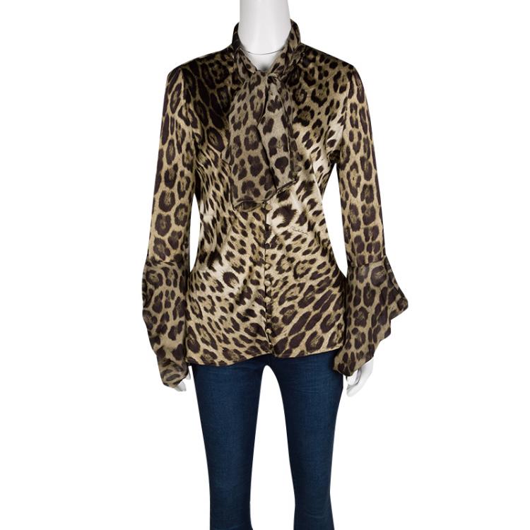 Pre Owned Roberto Cavalli Brown Animal Print Silk Cutout Sleeve Tie Detail Blouse M