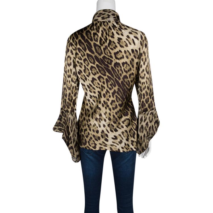 Pre Owned Roberto Cavalli Brown Animal Print Silk Cutout Sleeve Tie Detail Blouse M