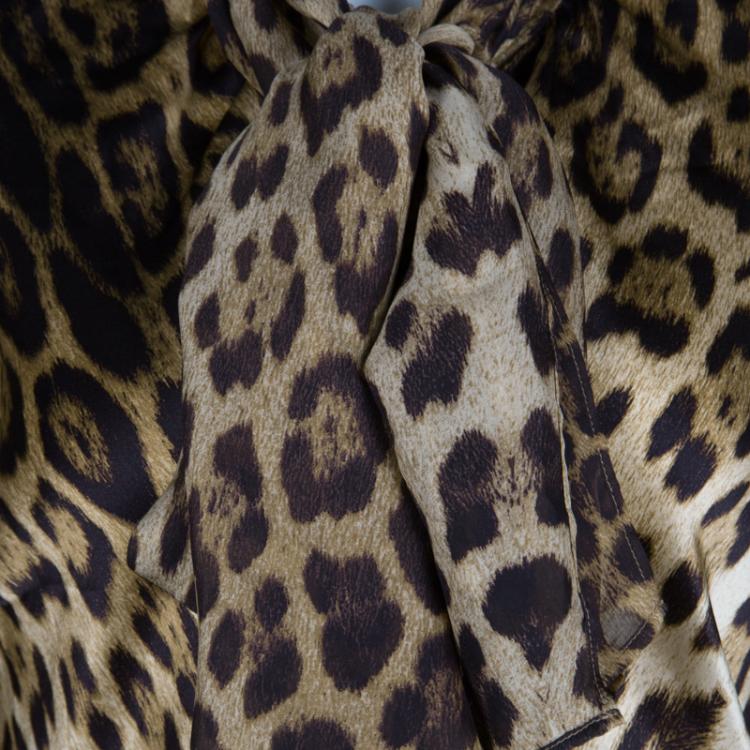 Pre Owned Roberto Cavalli Brown Animal Print Silk Cutout Sleeve Tie Detail Blouse M