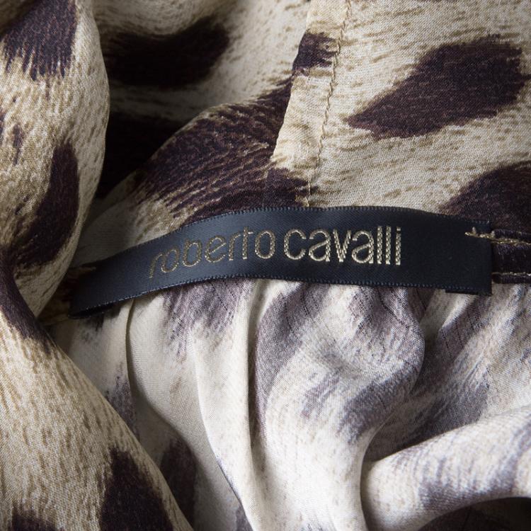 Pre Owned Roberto Cavalli Brown Animal Print Silk Cutout Sleeve Tie Detail Blouse M