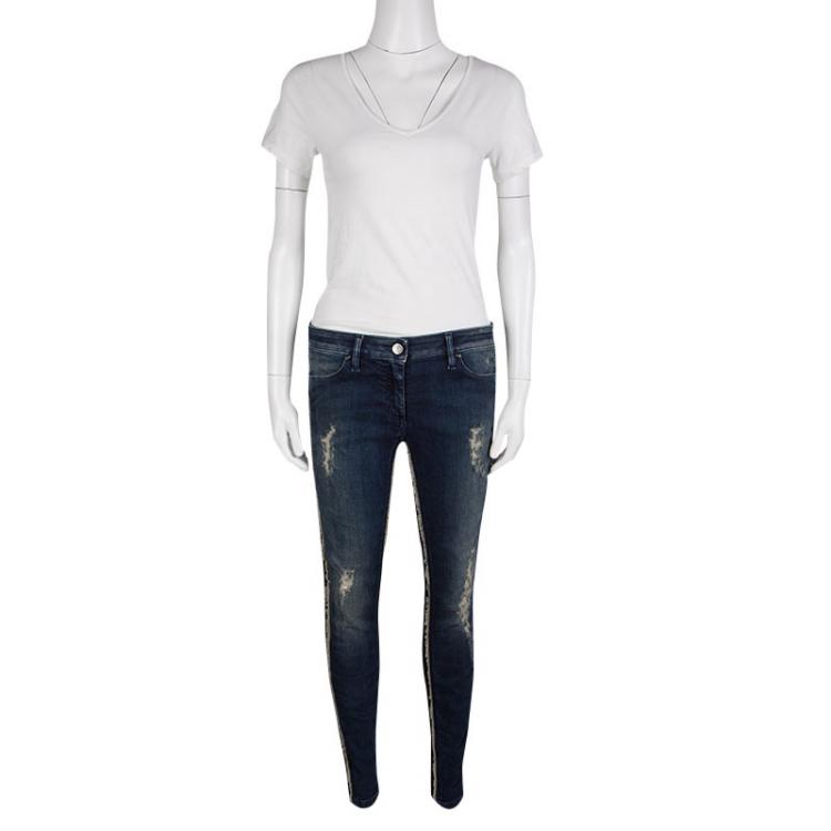 Pre Owned Roberto Cavalli Indigo Dark Wash Faded Effect Frayed Trim Detail Distressed Jeans L