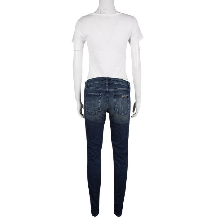 Pre Owned Roberto Cavalli Indigo Dark Wash Faded Effect Frayed Trim Detail Distressed Jeans L