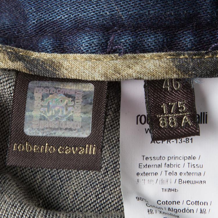 Pre Owned Roberto Cavalli Indigo Dark Wash Faded Effect Frayed Trim Detail Distressed Jeans L