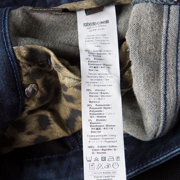 Pre Owned Roberto Cavalli Indigo Dark Wash Faded Effect Frayed Trim Detail Distressed Jeans L