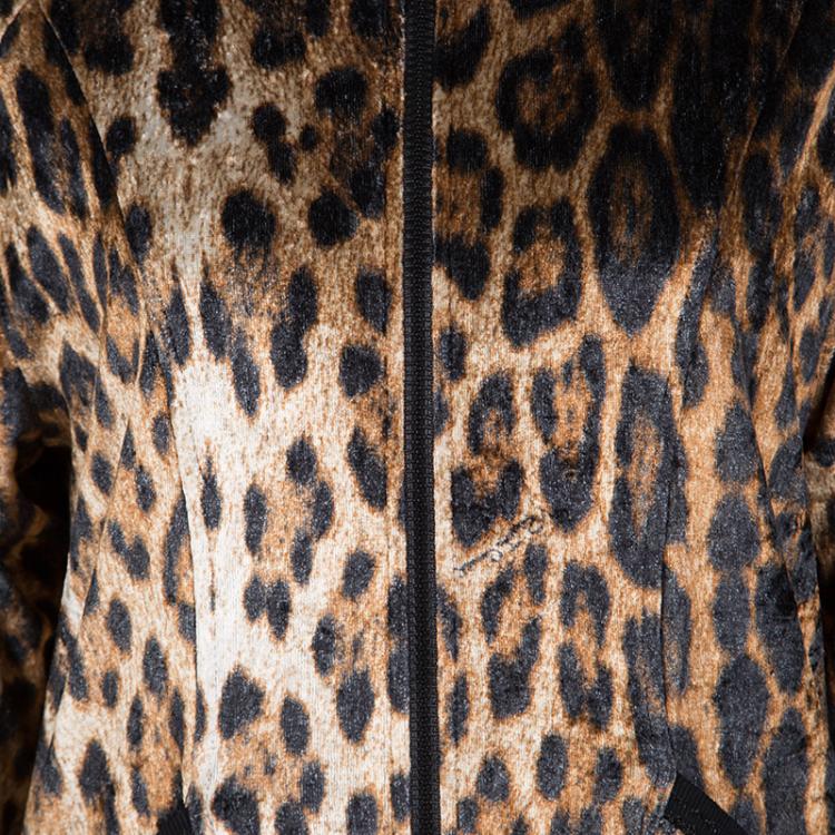مملوكة مسبقًا Roberto Cavalli Gym Leopard Pattern Zip Front Velvet Jacket S