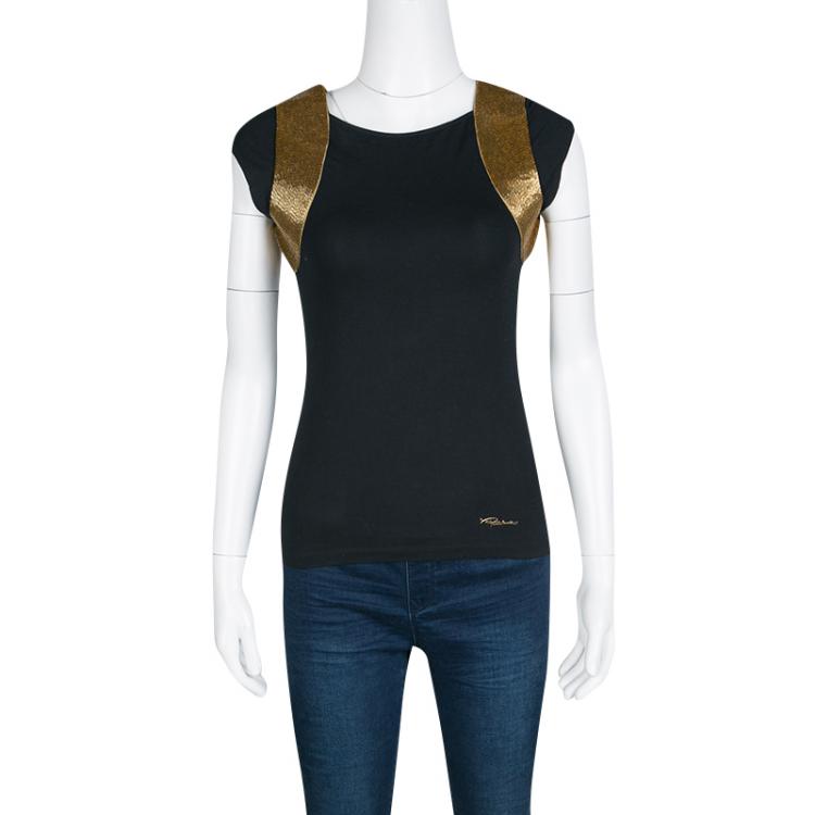 Pre Owned Roberto Cavalli Black Jersey Gold Bead Embellished Cap Sleeve Top M