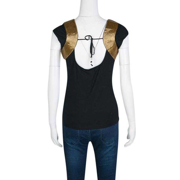 Pre Owned Roberto Cavalli Black Jersey Gold Bead Embellished Cap Sleeve Top M