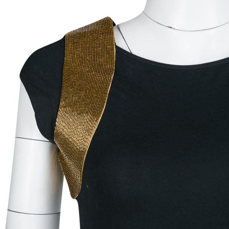 Pre Owned Roberto Cavalli Black Jersey Gold Bead Embellished Cap Sleeve Top M