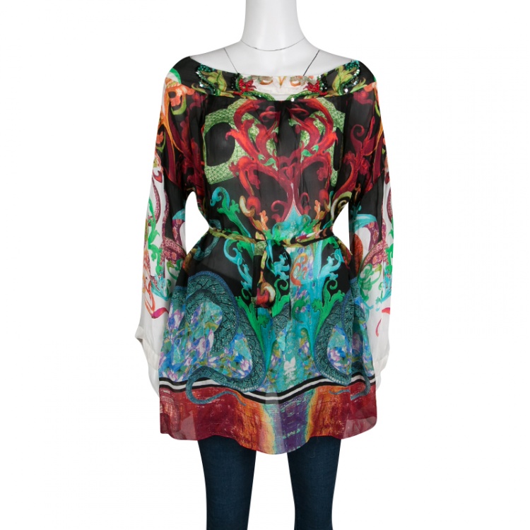 مملوكة مسبقًا Roberto Cavalli Multicolor Printed Silk Embellished Belted Tunic S
