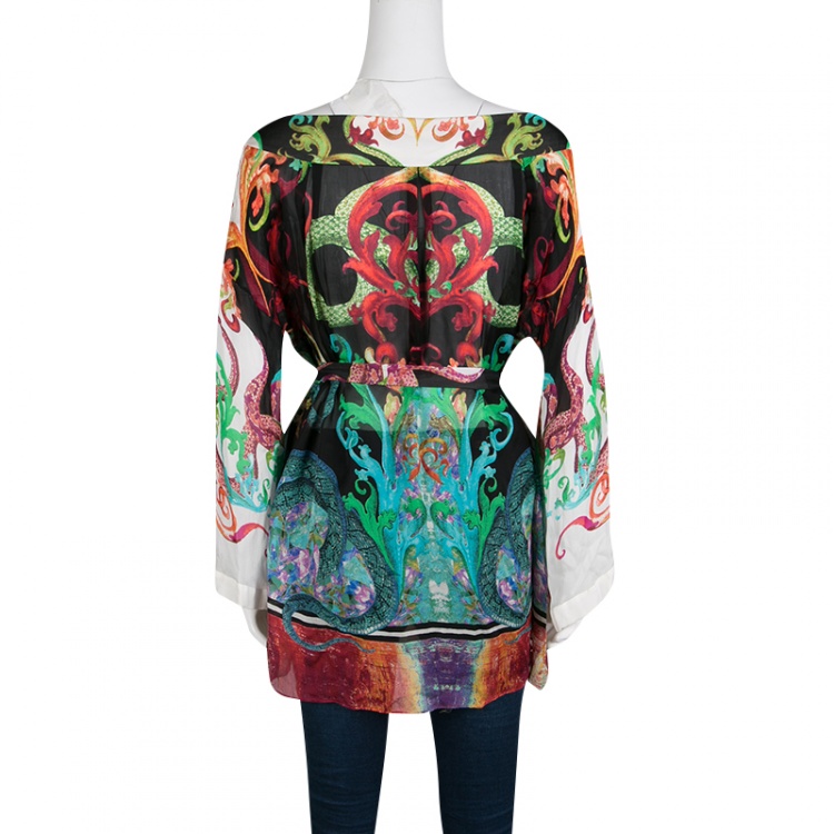 مملوكة مسبقًا Roberto Cavalli Multicolor Printed Silk Embellished Belted Tunic S