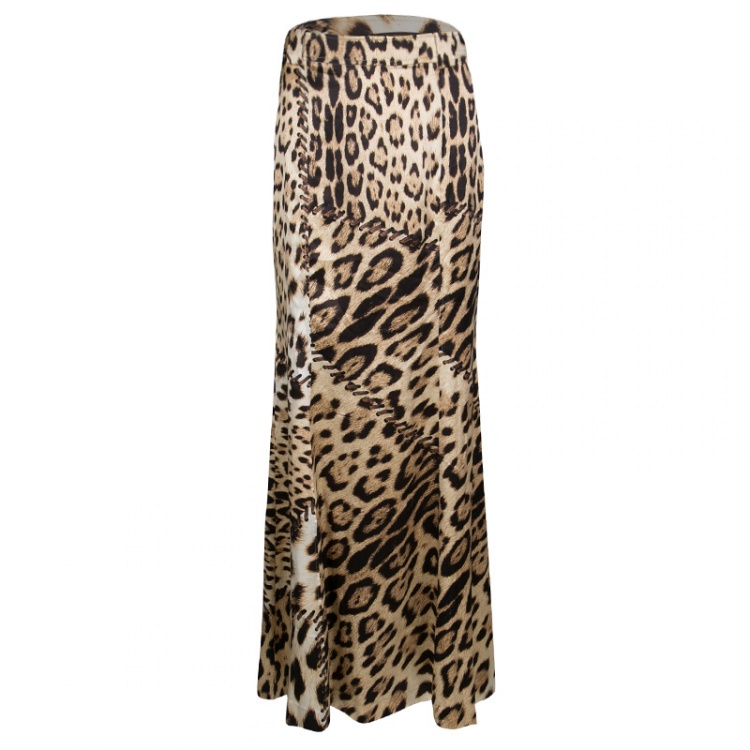 Pre Owned Roberto Cavalli Beige Animal Printed Silk Flared Maxi Skirt M