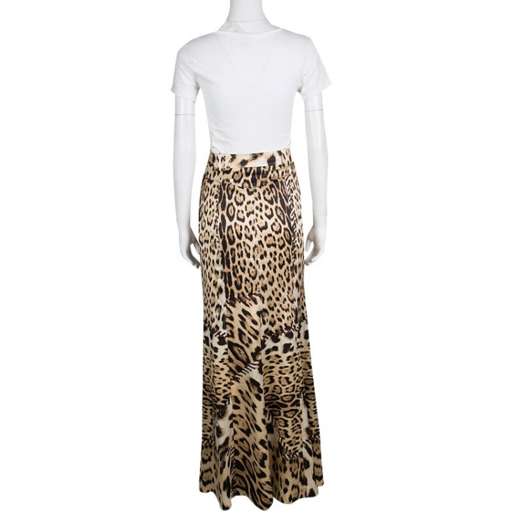 Pre Owned Roberto Cavalli Beige Animal Printed Silk Flared Maxi Skirt M