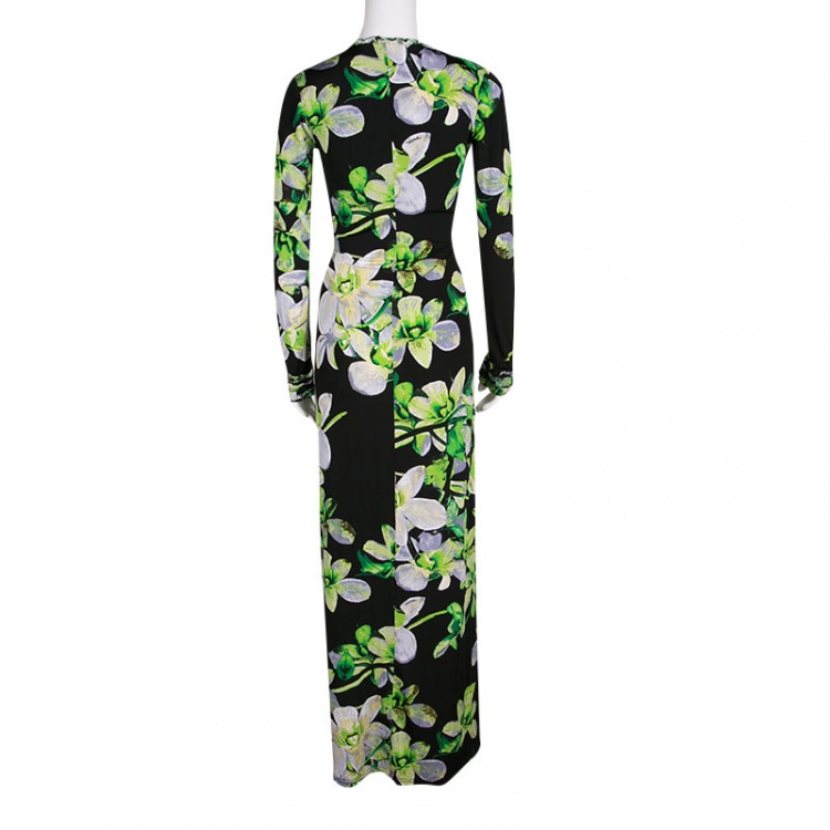 Pre Owned Roberto Cavalli Black Floral Printed Knit Long Sleeve Gathered Maxi Dress M