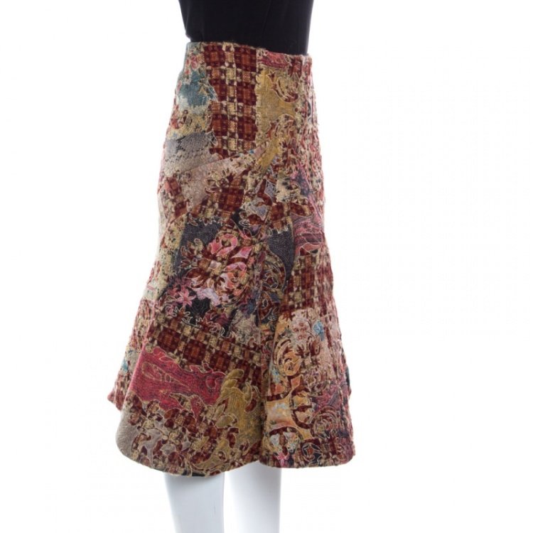 Pre Owned Roberto Cavalli Multicolor Patchwork Ethnic Embroidered and Quilted Flared Skirt M