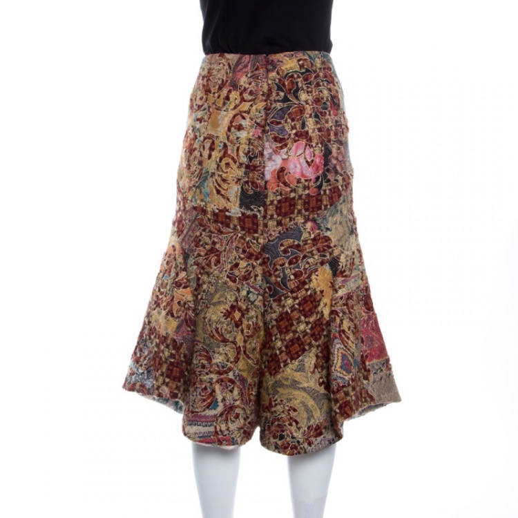 Pre Owned Roberto Cavalli Multicolor Patchwork Ethnic Embroidered and Quilted Flared Skirt M