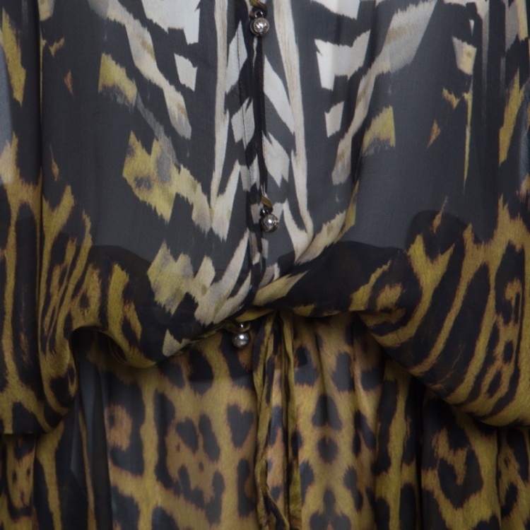 Pre Owned Roberto Cavalli Animal Printed Silk Chiffon Sheer Kaftan Maxi Dress M