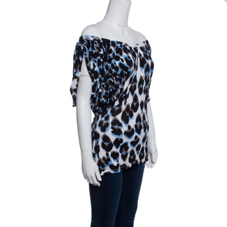Pre Owned Roberto Cavalli Blue Leopard Printed Knit Cutout Sleeve Draped Top M 