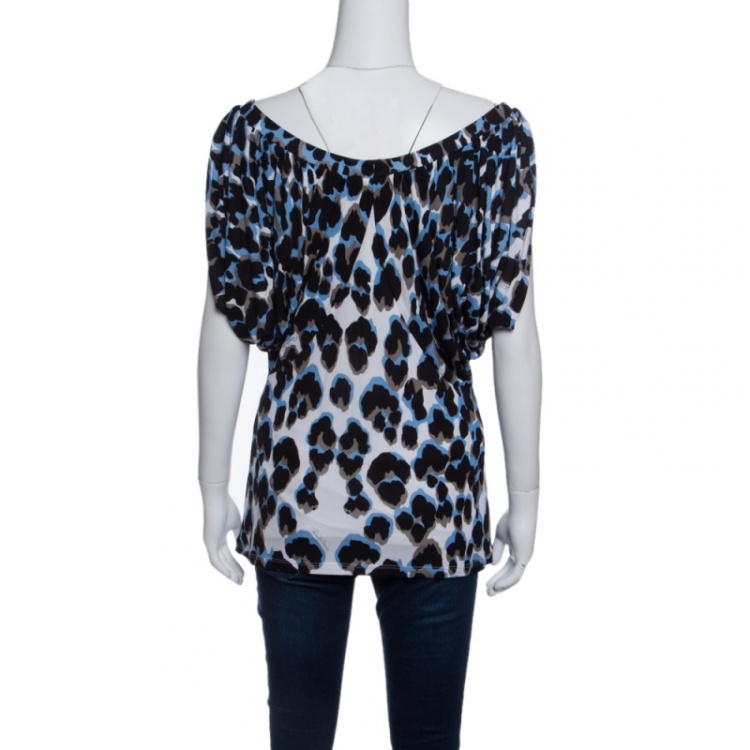 Pre Owned Roberto Cavalli Blue Leopard Printed Knit Cutout Sleeve Draped Top M 