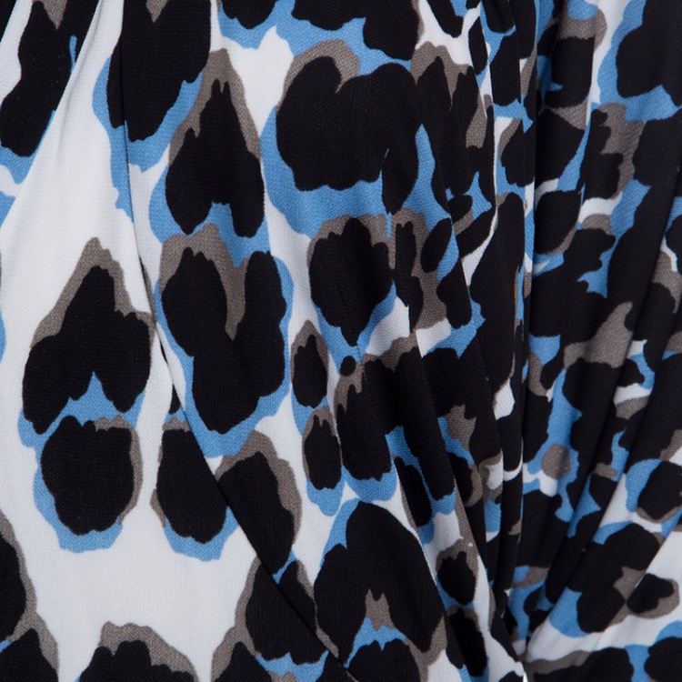 Pre Owned Roberto Cavalli Blue Leopard Printed Knit Cutout Sleeve Draped Top M 