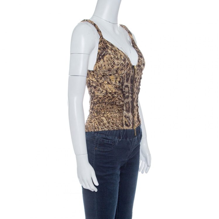 Pre Owned Roberto Cavalli Metallic Animal Print Ruched Zip Front Crop Top S
