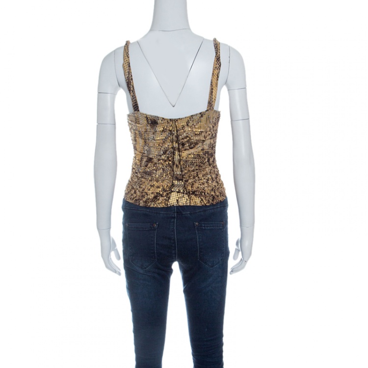Pre Owned Roberto Cavalli Metallic Animal Print Ruched Zip Front Crop Top S