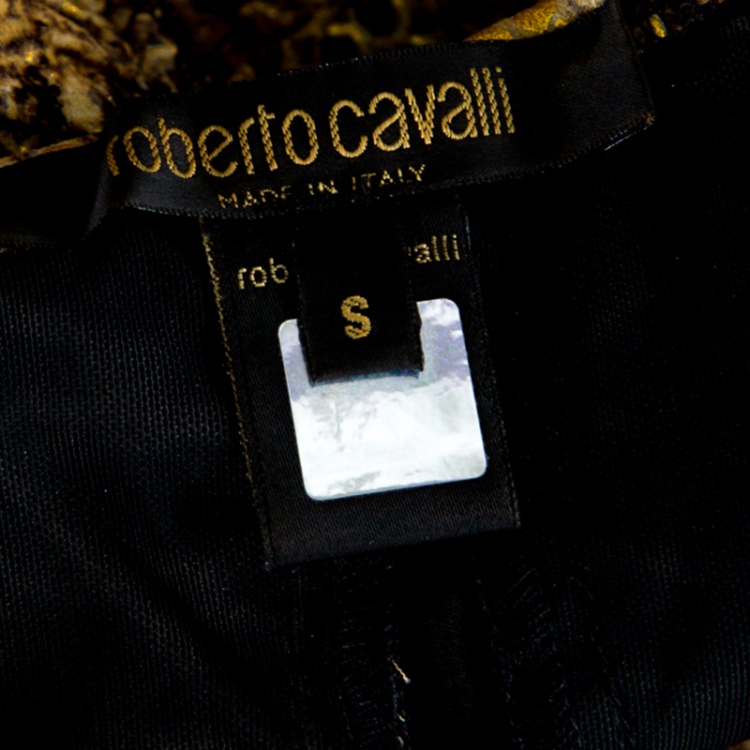 Pre Owned Roberto Cavalli Metallic Animal Print Ruched Zip Front Crop Top S