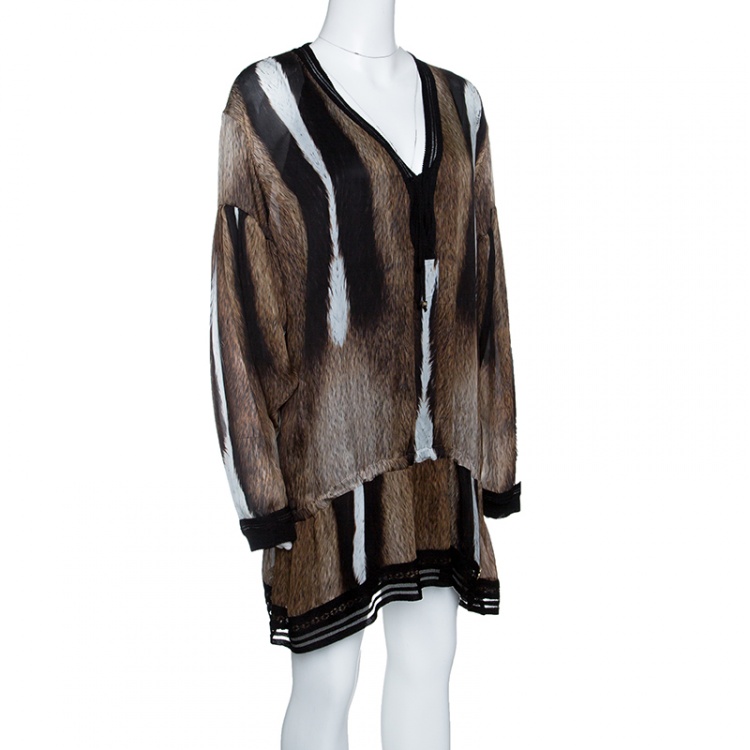 Pre Owned Roberto Cavalli Brown Fur Print Tie Detail Long Sleeve Tunic L