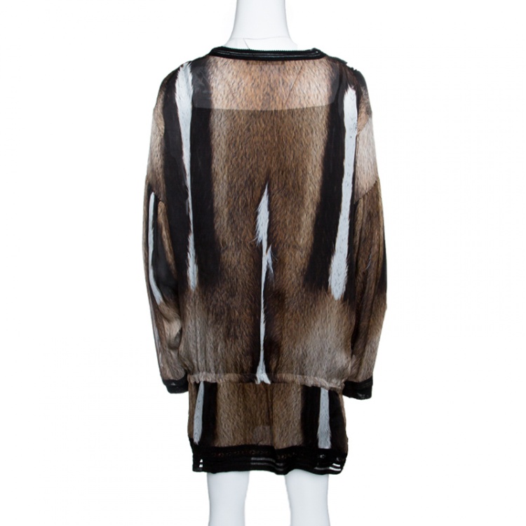 Pre Owned Roberto Cavalli Brown Fur Print Tie Detail Long Sleeve Tunic L