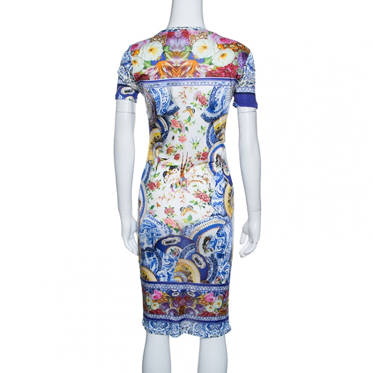 Pre Owned Roberto Cavalli Multicolor Printed Knit Short Sleeve Dress M