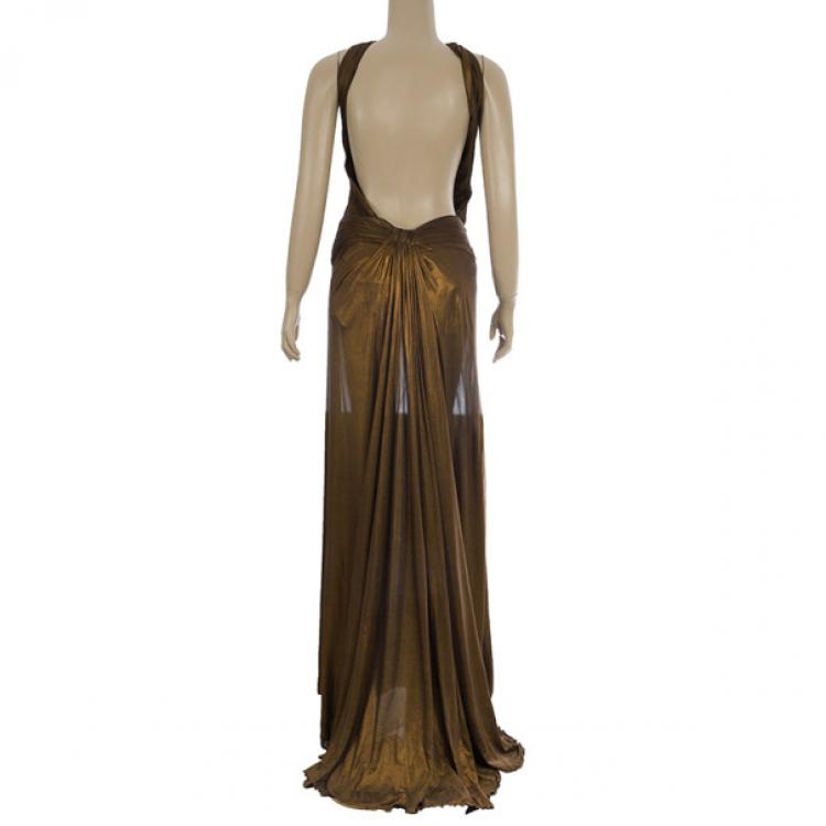Pre Owned Roberto Cavalli Bronze Metallic Evening Dress M