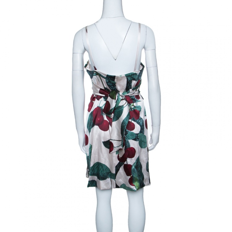 Pre Owned Roberto Cavalli Off White Python and Cherry Printed Silk Back Tie Detail Dress M